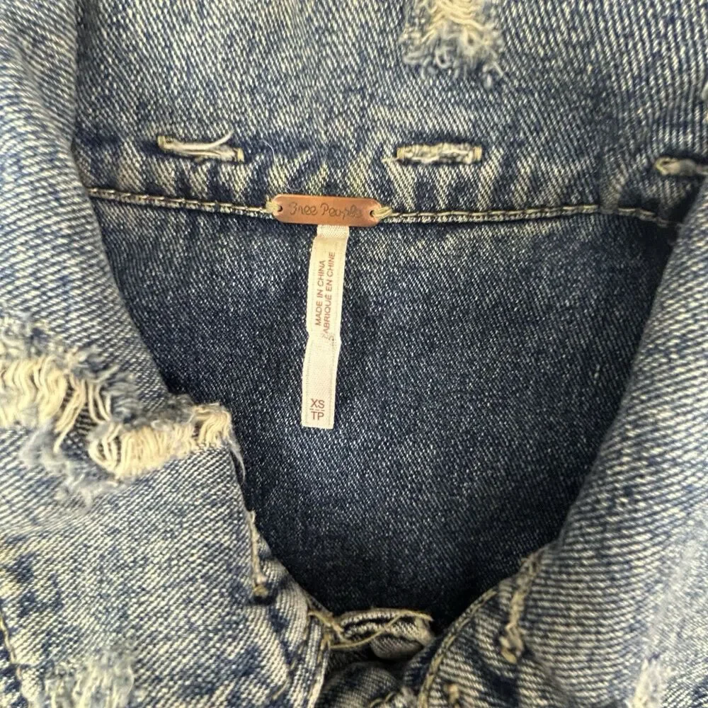 Free People Distressed Knit Denim Jean Jacket Women XS Blue Grey NO HOOD - Picture 7 of 12